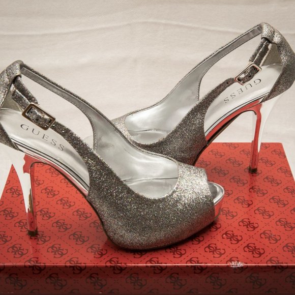 Guess Glitter Mulit-Color Sparkle Peep Toe Heels - Picture 3 of 6